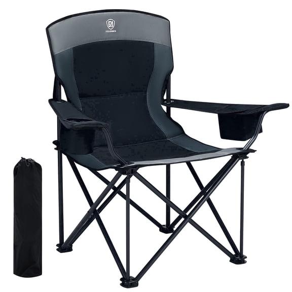 EVER ADVANCED Oversized Camping Chairs Heavy Duty Padded Folding Lawn Chair with Cup Holder，Support 400lbs for Adults Outdoor Fishing Sports Black
