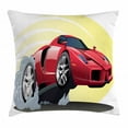 thumbnail image 1 of Cars Throw Pillow Cushion Cover, Powerful Cartoon Red Car Speeding Jumping with Smoke Coming Out Of Giant Tires, Decorative Square Accent Pillow Case, 20 X 20 Inches, Red Yellow Gray, by Ambesonne, 1 of 2
