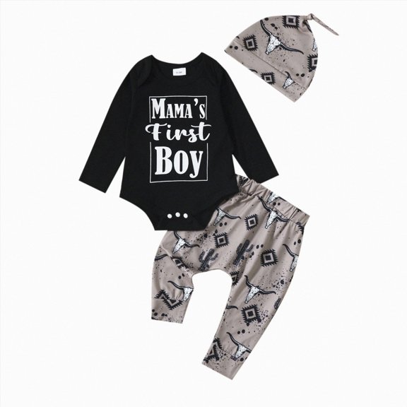 Staki Newborn Coming Home Outfit Boy Newborn Baby Boy Outfit Fall Winter Clothes Long Sleeve Bodysuit Long Pants Hat Set 0 3 Months(Black, 0-3 Months)