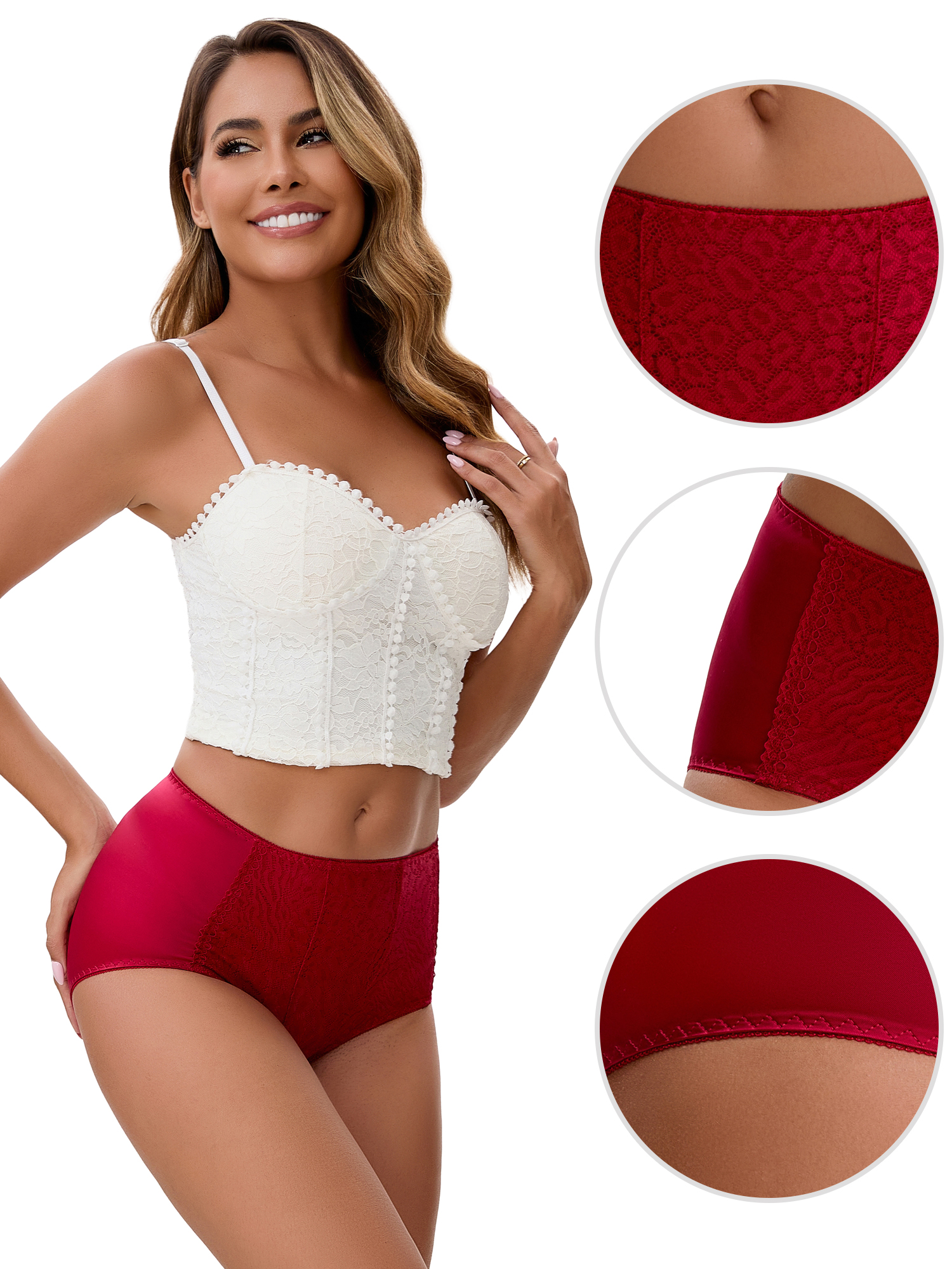 Unique Bargains Women's Floral Lace Breathable Mid Rise Underpants L Wine Red