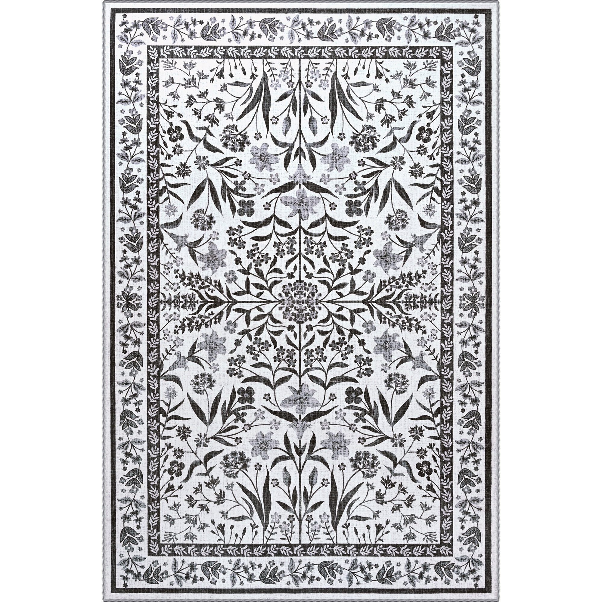 Astorug 6x9 Ft Black Floral Area Rug - Machine Washable Low Pile Non-Slip Carpet, Boho Vintage Farmhouse Decor for Living Room, Bedroom, Nursery & Office