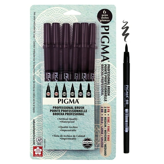 Sakura Pigma Professional Brush Pens, Archival Black Ink, Fine, Medium & Bold Brush Nibs 6 Pk Set