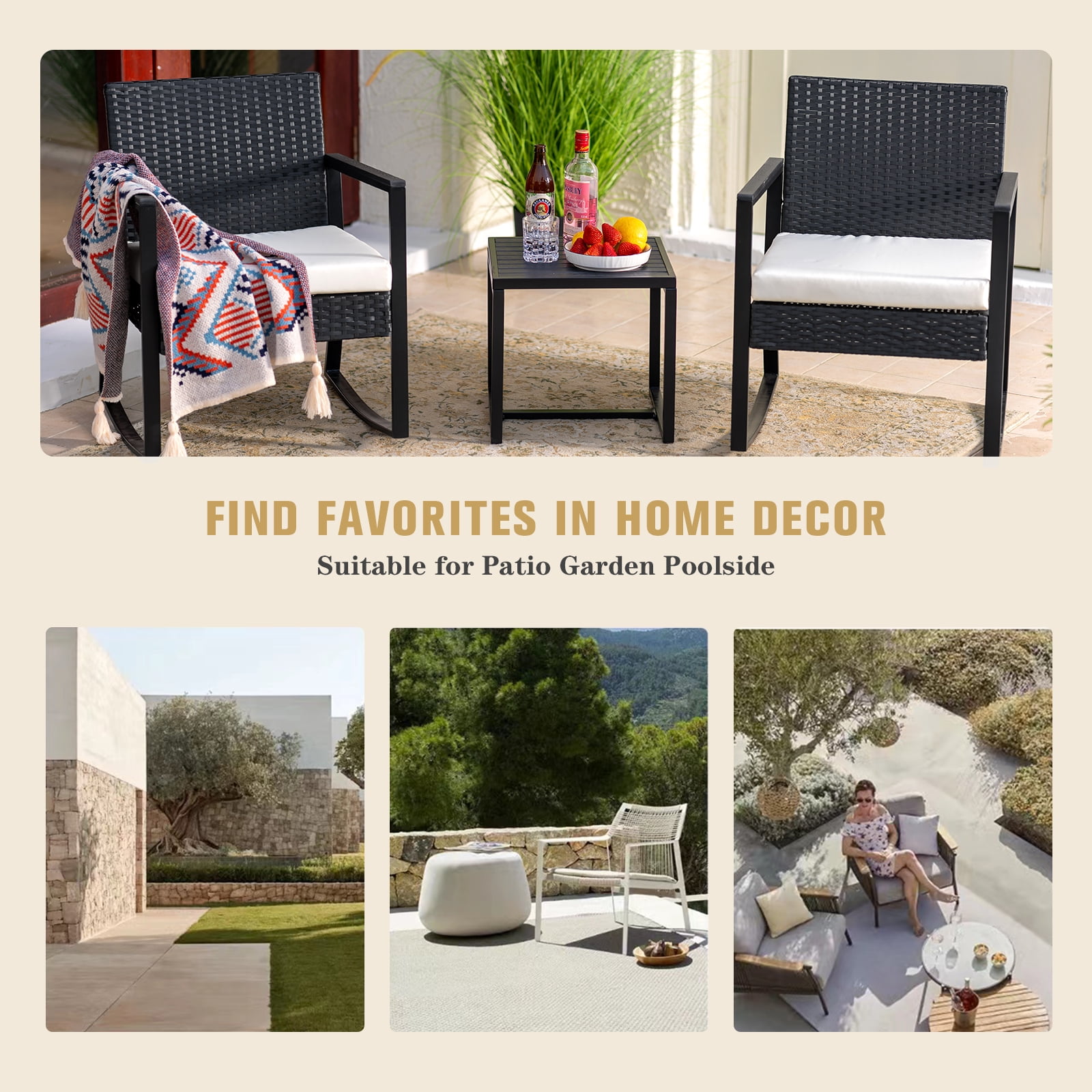 JORVIMAX Patio Conversation Set Outdoor Furniture Set Porch Bistro Set Rocking Chairs With Coffee Table Beige