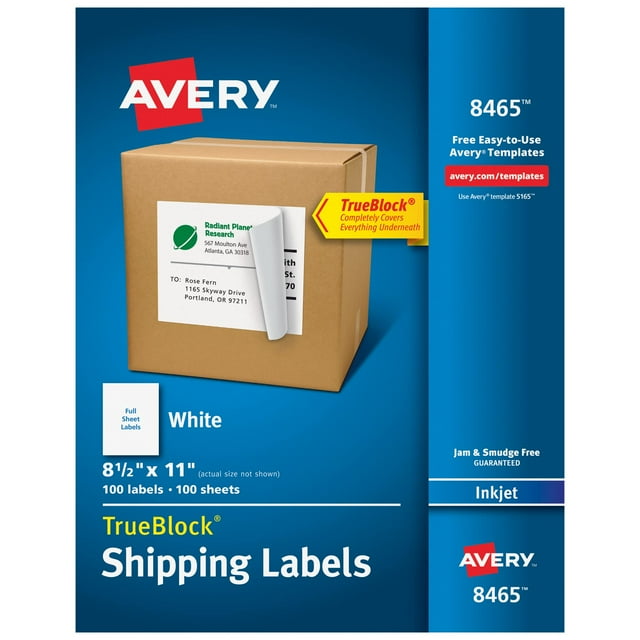 Etiquetas de envío Avery, hoja completa, 8.5 x 11 pulgadas, 100 blancas 8465