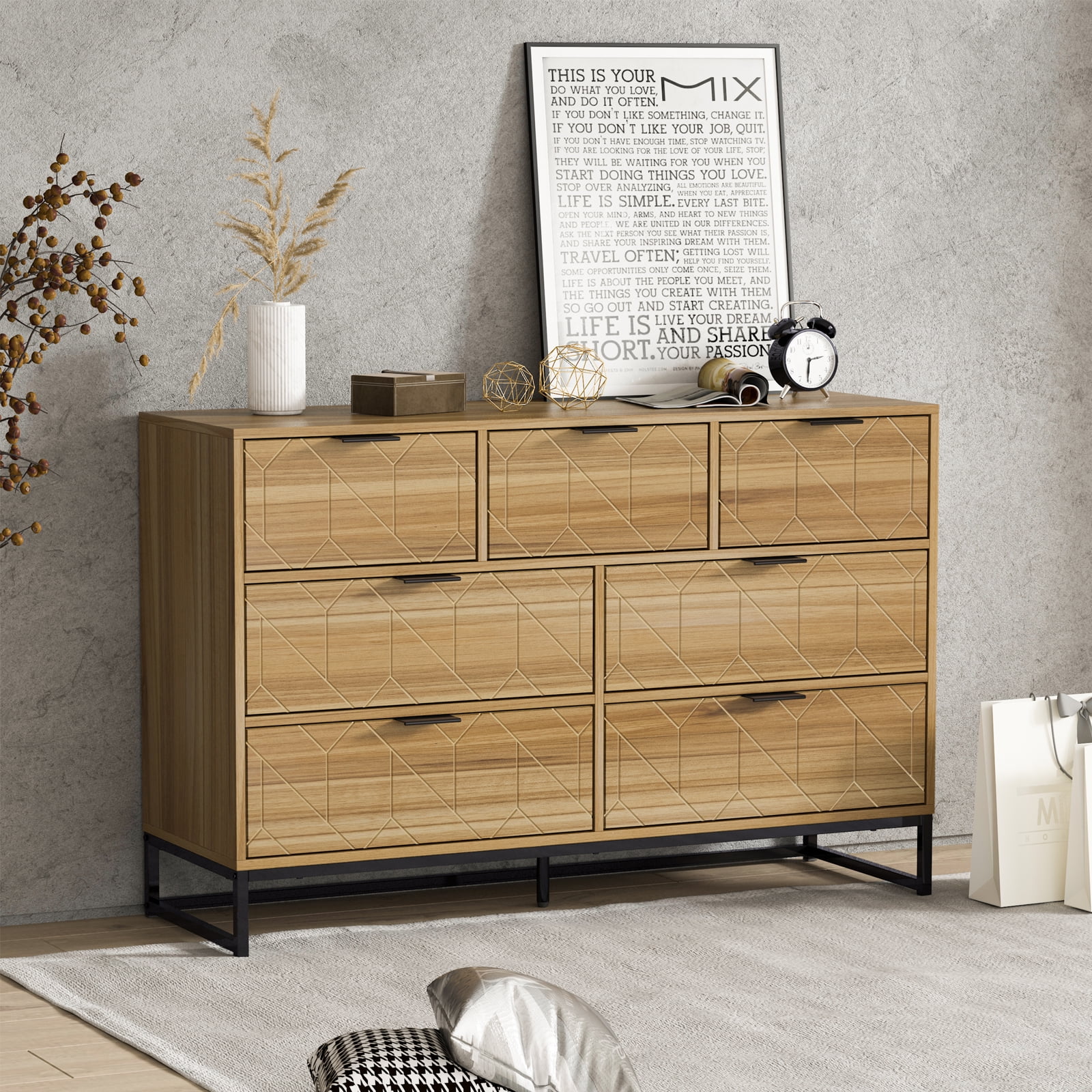 Yardi Yard 7 Double Drawer Dresser for Bedroom, Modern Accent Wide Chest with Black Knobs and Metal Legs Walnut Yardi Yard 7 Double Drawer Dresser for Bedroom, Modern Accent Wide Chest with Black Knobs and Metal Legs Walnut