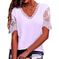 thumbnail image 1 of Camiseta de manga corta de encaje para mujer, blusa elegante con cuello en V, informal, holgada, de Color liso, para trabajo de oficina, 1 of 6