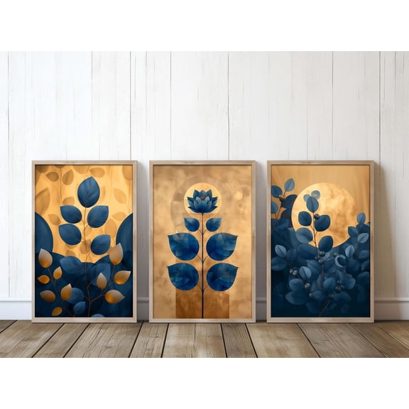 Blue Botanical Wall Art Navy Gold Leaf Prints Decorative Wall Art Set 3 Unframed Paper Print 8x12