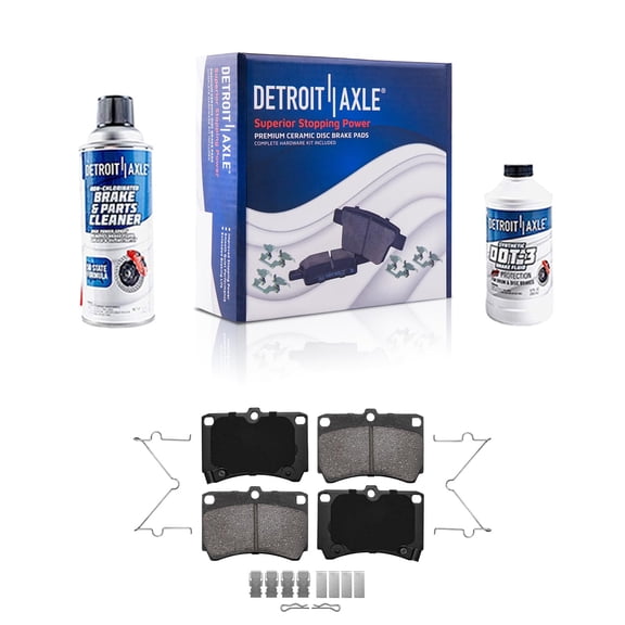 Detroit Axle - Front Ceramic Brake Pads w/Hardware & Cleaner, Fluid for Ford Aspire, Escort/ Kia Rio/ Mazda 323/ Protege - See Fitment Fits select: 1991-1993 FORD ESCORT LX