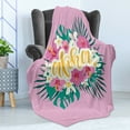 thumbnail image 4 of Aloha Soft Flannel Fleece Blanket, Hand Lettering with Hibiscus Lily Plumeria Flowers and Palm Leaves on Pink Backdrop, Cozy Plush for Indoor and Outdoor Use, 50" x 70", Multicolor, by Ambesonne, 4 of 5