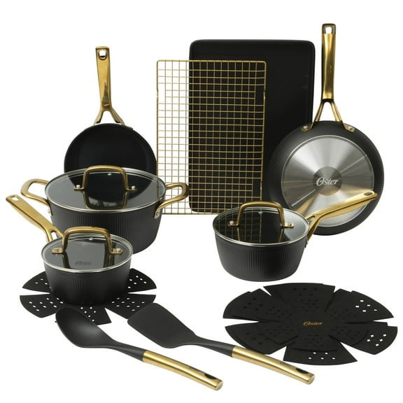 Oster Premium Abborttsford 16 Piece Aluminum Pots and Pans PFA Free Ceramic Non stick Induction Cookware Set - Black W/ Gold