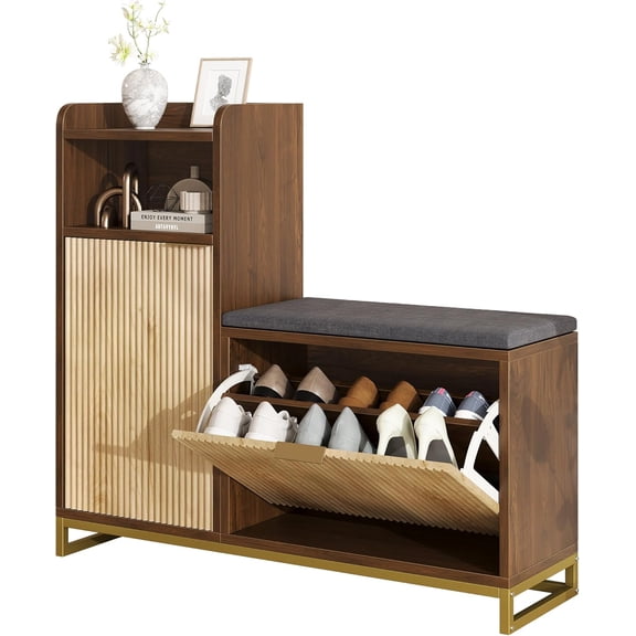 Vividwood 39" L-Shaped Shoe Storage Bench with Cushioned Seat, 2 Flip Drawer & Wave Door & Adjustable Shelves for Entryway (Natural & Brown)