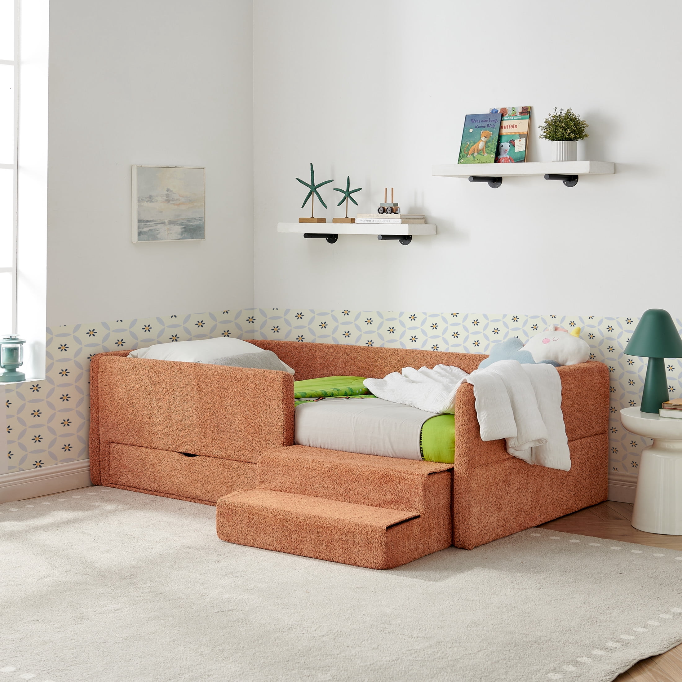 Noble House Twin Size Boucle Kids Bed, Safety Guardrails Toddler Bed Frame with Step Stool and Storage Drawer, Orange