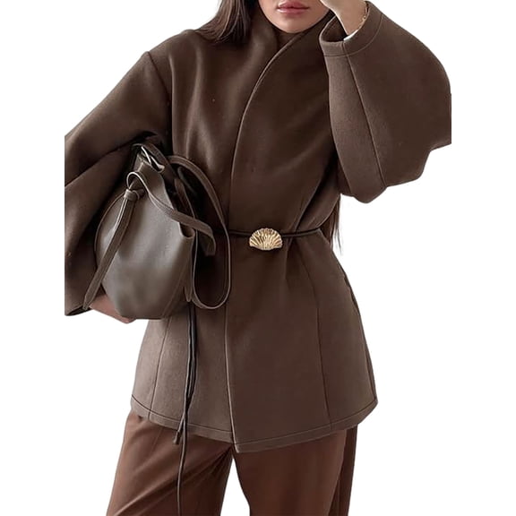 Women'S High-End Brown Waisted Woolen Jacket Outwear Winter Cropped Overcoat Brown S