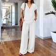 thumbnail image 2 of Women's V Neck Short Sleeve Top & Wide Leg Pants Set, Soft Nylon Spandex Loungewear, Casual 2 Piece Outfit with Stretchy Waist, for Relaxed Days, Work from Home, or | TruBelle,White 2XL, 2 of 8