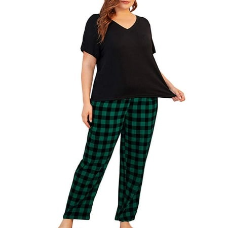 

Sherrylily Women Plus Size Pajamas 2 Piece Set V-Neck Short Sleeve T Shirt Plaid Lounge Pants Sleepwear