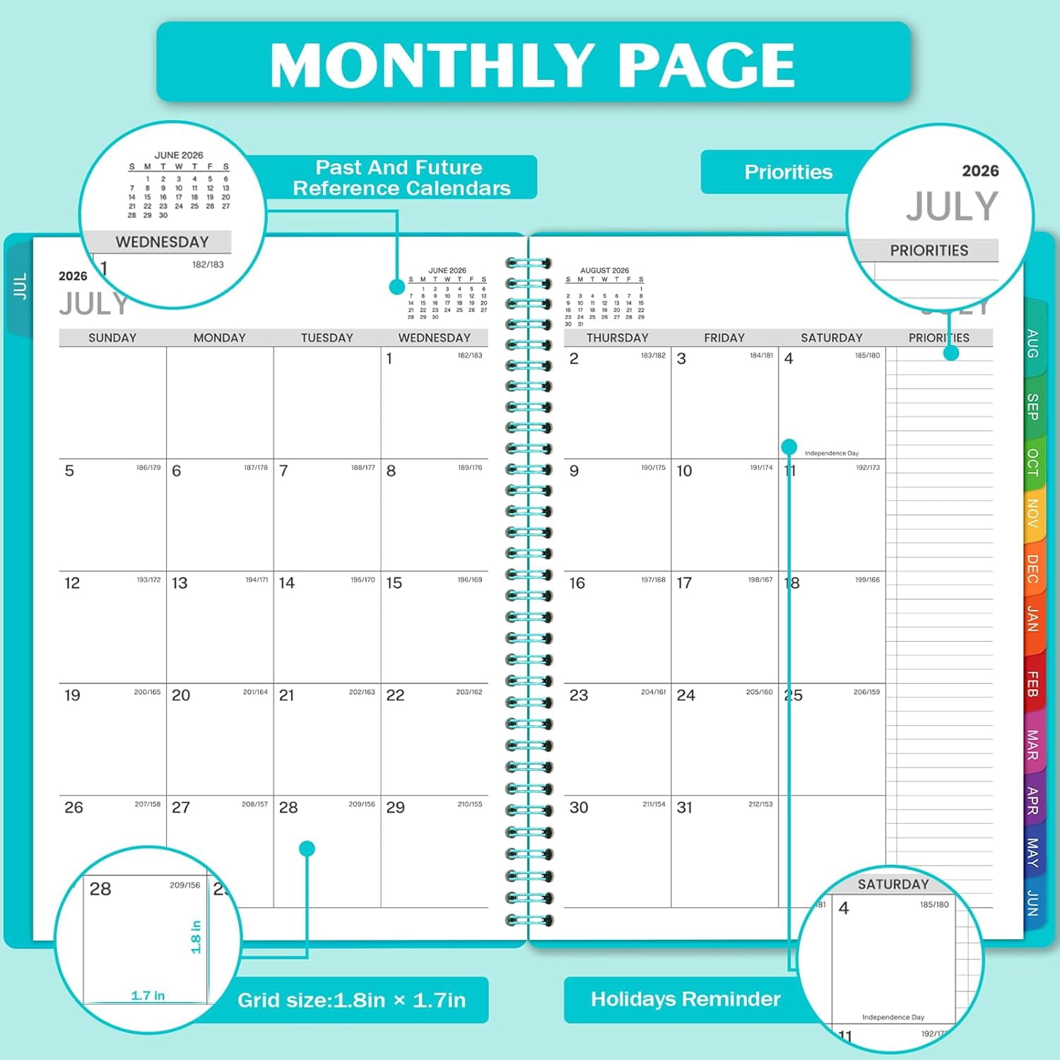 2026-2027 Weekly Appointment Book & Planner - Daily Hourly Planner 2026-2027, 9" x 11", July 2026 - June 2027, 30-Minute Interval, Lay - Flat, Spiral Binding, Thick Paper - Teal Green$$Office