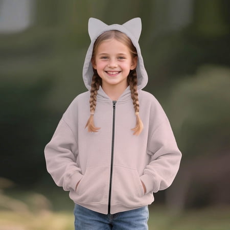 GiLiling Girls Cute Ear Full Zip Up Hooded Sweatshirt Jacket Long Sleeve Soft Casual Outerwear Trendy Comfy Loose Coat for Kids Everyday Wear (Light Pink 9-10 Years)