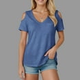 thumbnail image 4 of vigerkar Womens V Neck Cold Shoulder Tops Short/Long Sleeve Summer T Shirts Basic Tees Blue, XL, 4 of 7