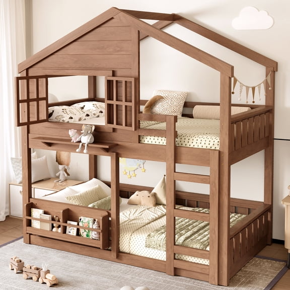 Twin Size Bunk Bed/Loft Bed with Bookshelf, House Design, High-Quality Safety Fencing,Natural