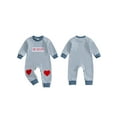 thumbnail image 2 of BemeyourBBs Newborn Baby Boy Valentines Day Romper Outfits Waffle Knit Stripe Romper Cute Letters Heart Embroidery Long Sleeve Jumpsuit Spring Clothes, 2 of 9