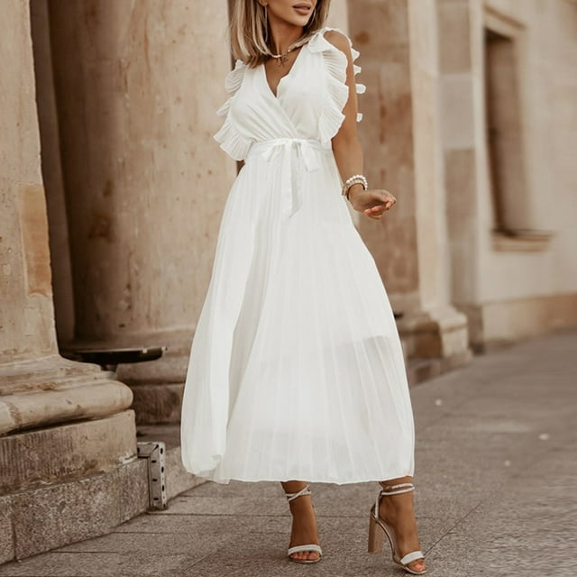 Gspmoly Robes d'Été pour Femmes 2025, Robe Plissée Confortable en Chiffon Aguichant Unie Élégante et Ajustée à la Mode pour Femmes, Robes Formelles pour Femmes Économies d'Été Liquidation