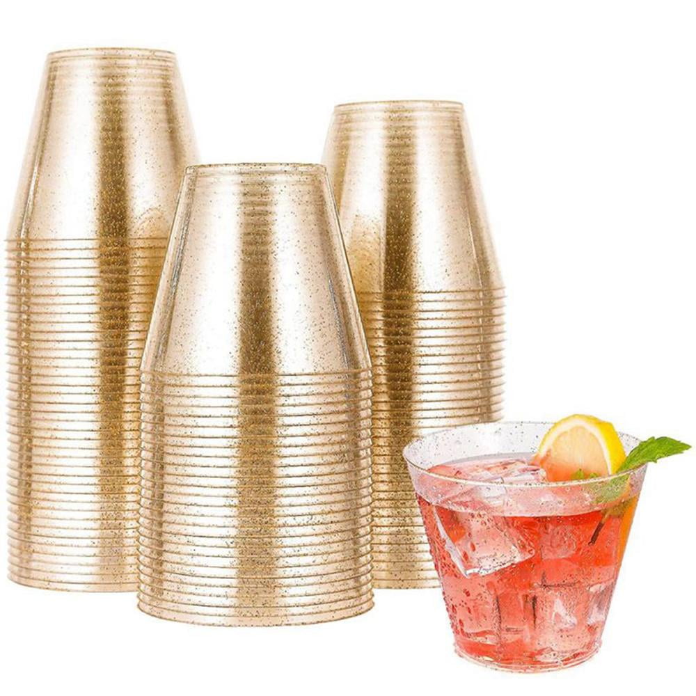 JOLLY Glitter Plastic Cups, Gold Glitter Disposable Cups 9 oz, Clear Plastic Cups Old Fashioned ...