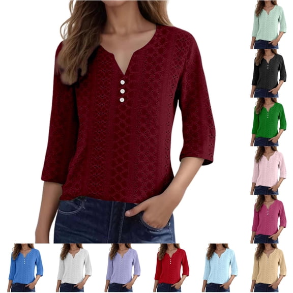 NinXxx Women's Fashion Casual Jacquard Three Quarter Sleeve Blouse S