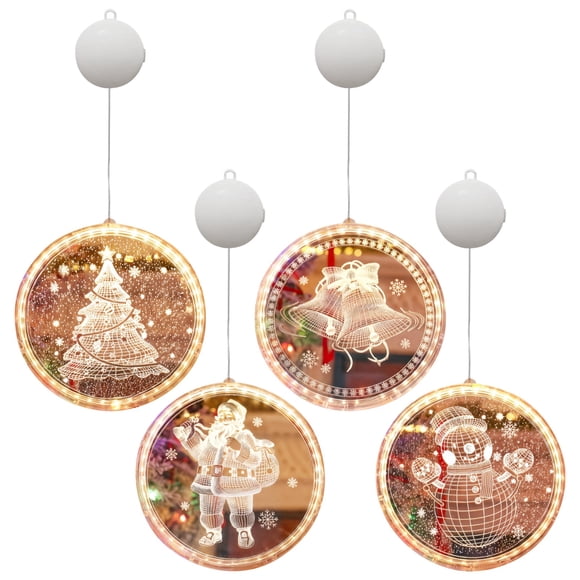 Décorations de Lumières de Fenêtre de Noël, Ornements à Ventouse LED pour Fêtes avec Père Noël, Arbre, Cloche, Bonhomme de Neige, Présentoir Suspendu à Piles, Décoration de Fenêtre en Acrylique en Cercle