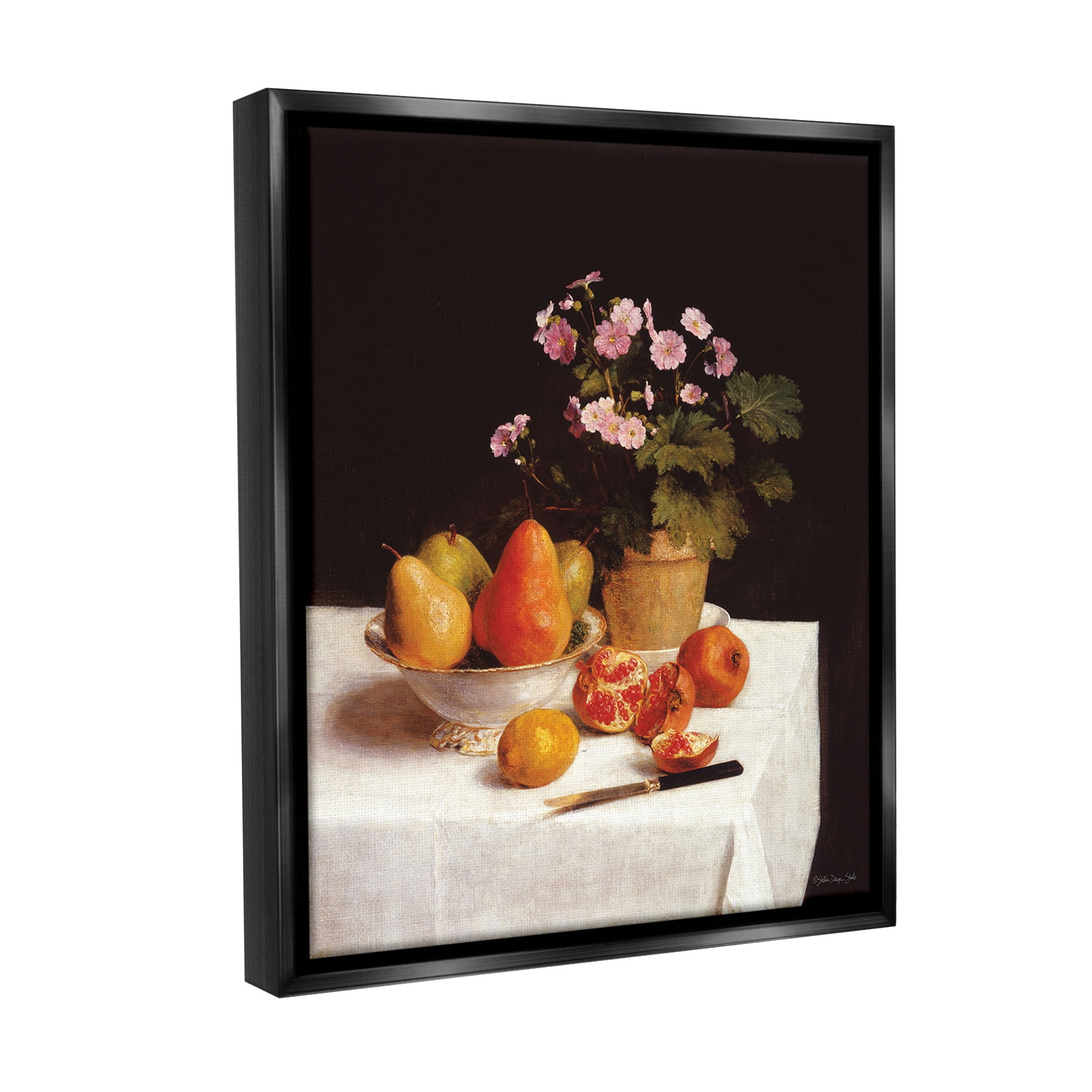 Stupell Industries Fruit & Bouquet Still Life Food & Beverage Painting Black Floater Framed Canvas Art Print Wall Art, 25 x 31
