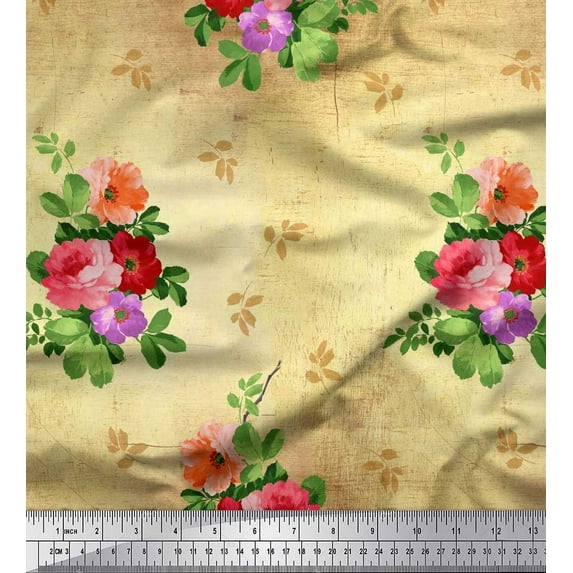 Soimoi Orange Satin Silk Fabric Leaves & Floral Print Fabric by The Yard 42 Inch Wide