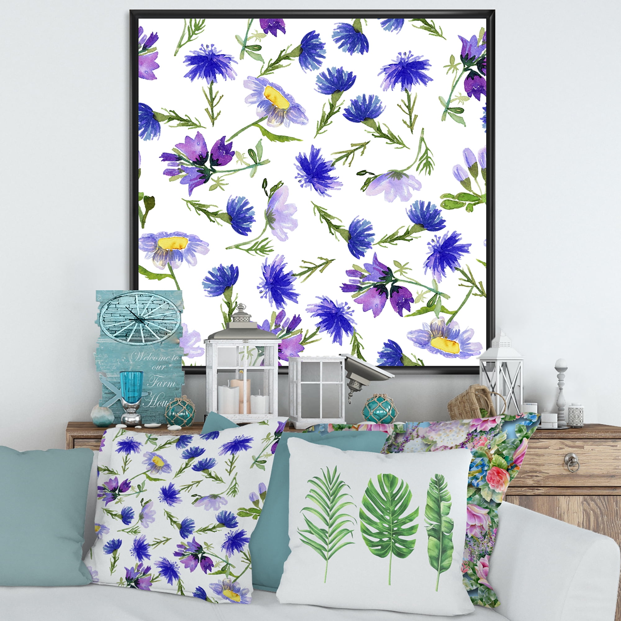 Blue Wildflowers With Leaves III 36 in x 36 in Framed Painting Canvas Art Print, by Designart