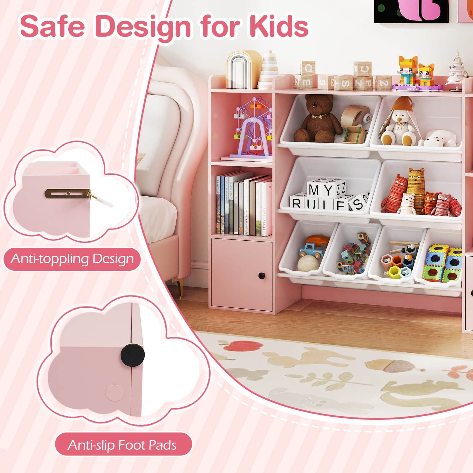 Costway Kids Toy Storage and Bookshelf with 8 Boxes Open Shelves & 2 Single-door Cabinets Pink