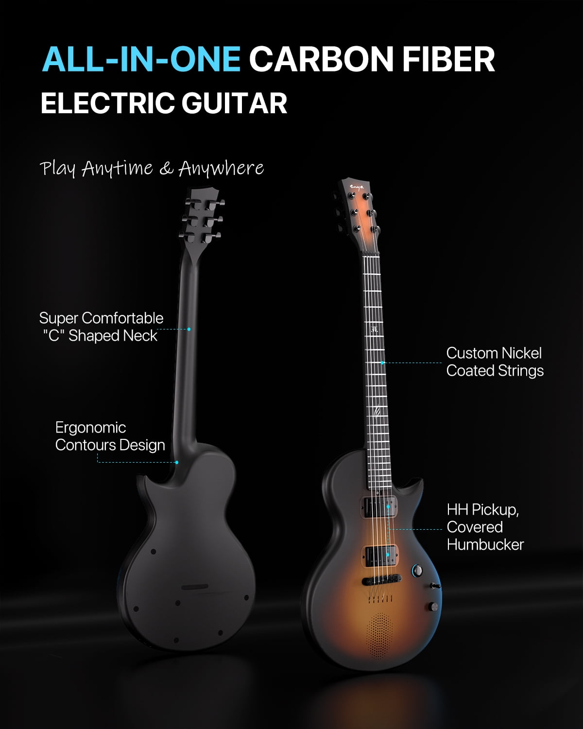 Enya Electric Guitar Jack Signature Sonic JT Smart Electric Carbon Fiber Guitarra with 15W Wireless Speaker, All-in-One Portable Rig for Street Performers & Home Studios