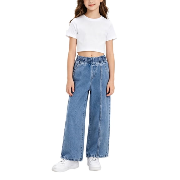 EnJoCho Girls 2026 Straight Jeans Kids Summer Versatile Y2𝗄 Elastic Waist Wide Leg Denim Pants Hi𝗉 Hop Fall Tween Trousers Girls High Waist Wide Leg Jeans