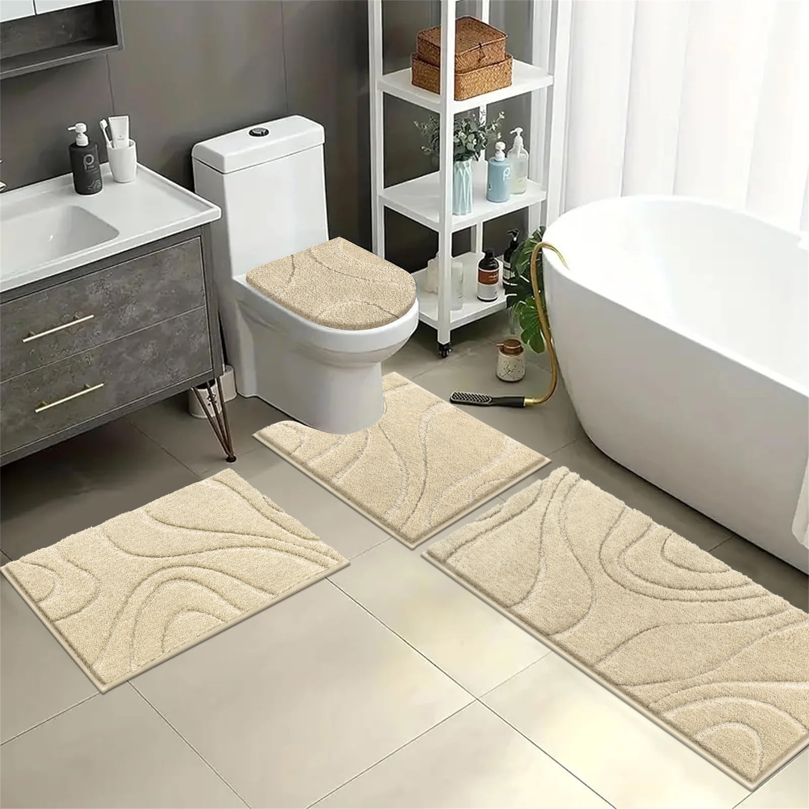 Ileading Bathroom Rugs Sets 4 Piece, Super Soft and Absorbent Non Slip Microfiber Toilet Bathroom Mats