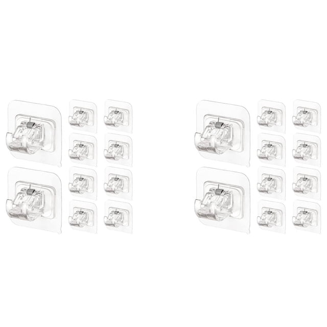 20 soportes adhesivos para barras de cortina, sin taladros, sin clavos, ajustables, 2 unidades — pack de 20 piezas transparentes Martten, vista frontal de dos grupos de soportes cuadrados con gancho y clip para barra redonda; plástico transparente, aptos para barras de 1–2 cm (0.4–0.8 in) y superficies lisas como vidrio, azulejo o acero inoxidable; instalación sin taladro con parte trasera autoadhesiva. También usados como toallero u organizador doméstico.