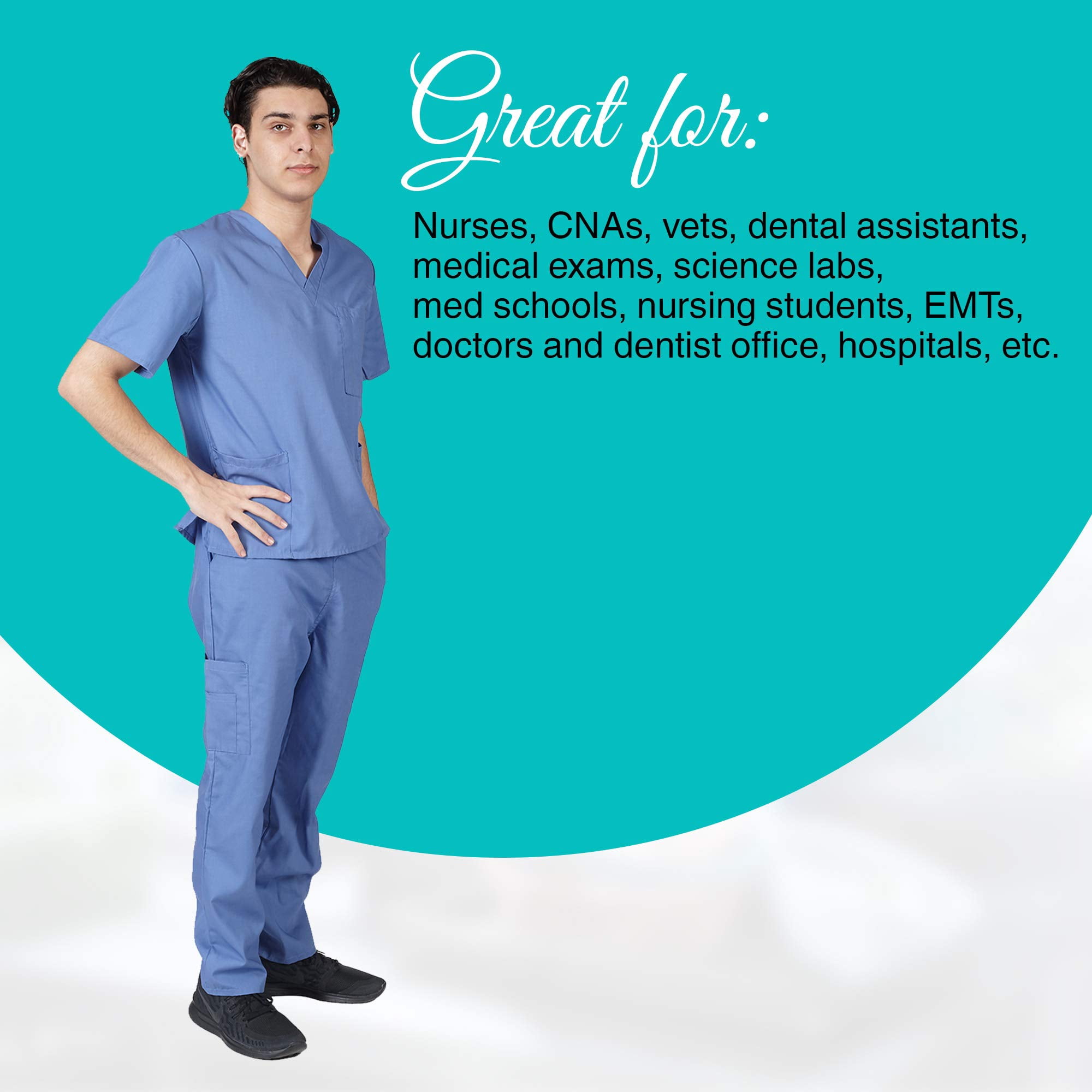 Men Scrub Set Medical Scrub Top and Pants (Ceil Blue, Medium)