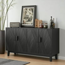 GZXS Mid-Century Modern 4-Door Sideboard Buffet, 55" Black Decorative Storage Cabinet with Solid Wood Handles & Legs, Adjustable Shelves for Dining Room, Living Room, Kitchen