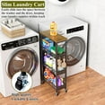 thumbnail image 3 of Utility Slim Storage Cart, 4 Tier Small Rolling Kitchen Laundry Room Cart with Wood Top, Metal Narrow Bathroom Storage Cabinet Mobile Shelf Unit Organizer Trolley with Handle for Narrow Space, 3 of 9
