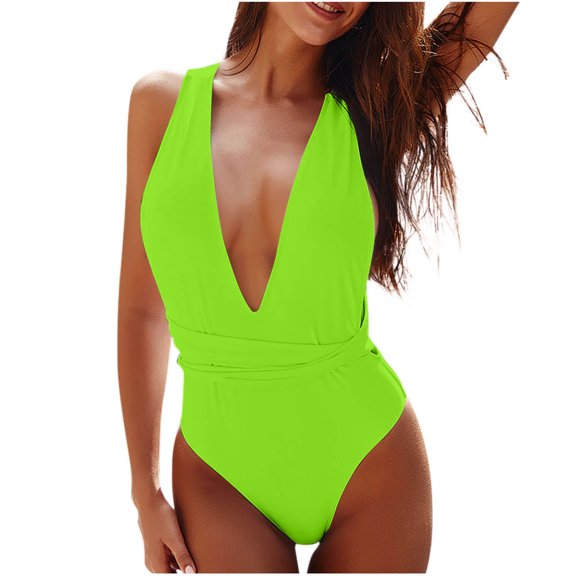 JSGEK Womens Minimalist One Piece Swimsuit Plunge Neck Design Soft Fabric Relaxed Silhouette for Cruise Wear Gold XL