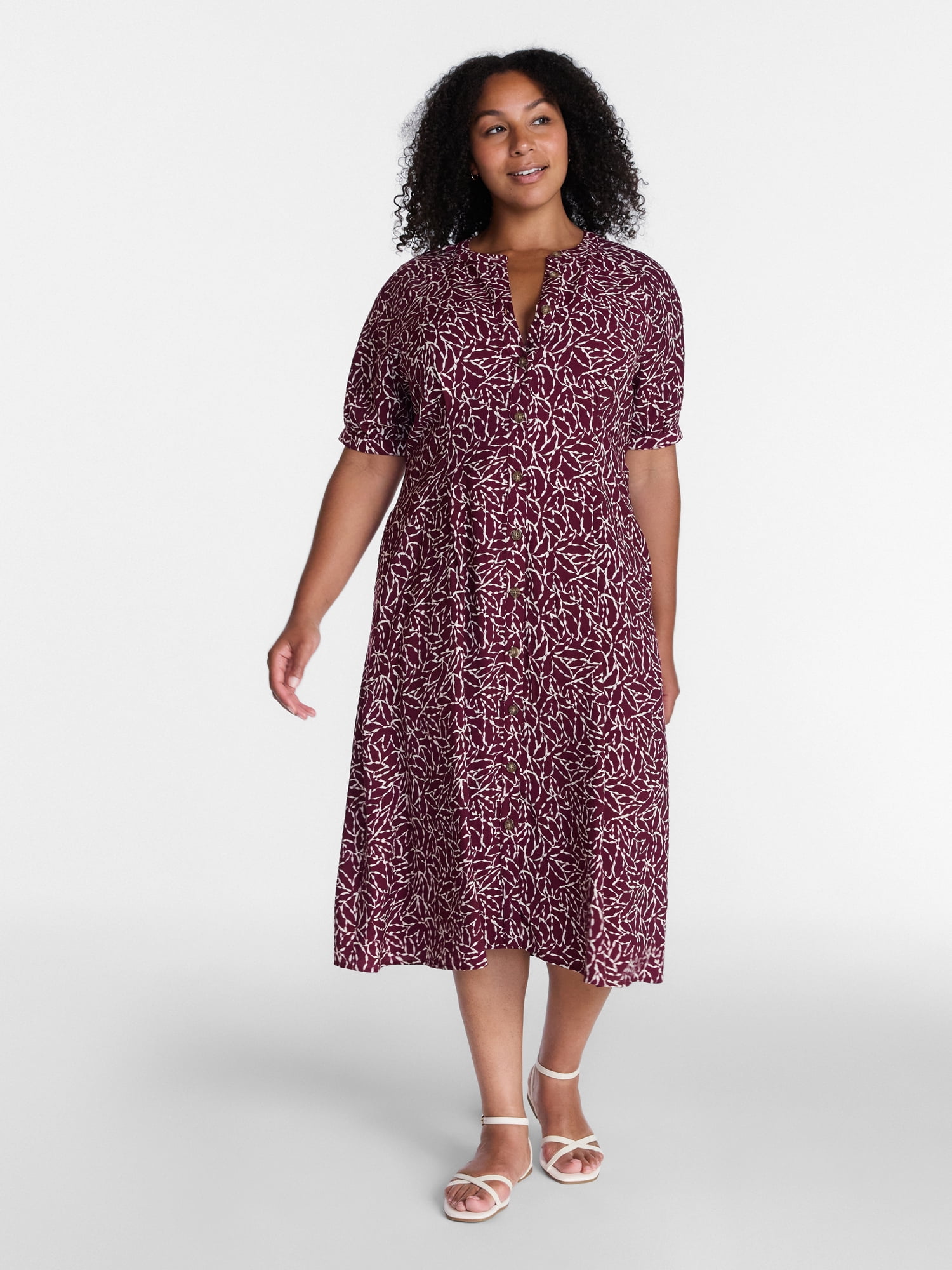 Time and Tru Women's Pleated Midi Shirtdress, Sizes XS-XXXL