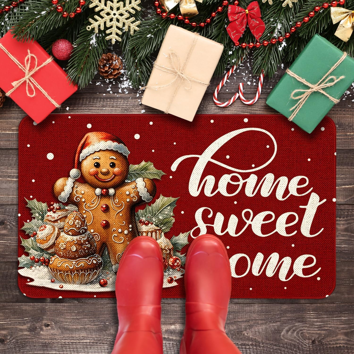 Christmas Door Mat 17x29 Inch Home Sweet Home Doormat Decorative Outdoor Winter Christmas Gingerbread Decoration Indoor Outdoor Entrance Floor mat, Non Slip Welcome Party Decor