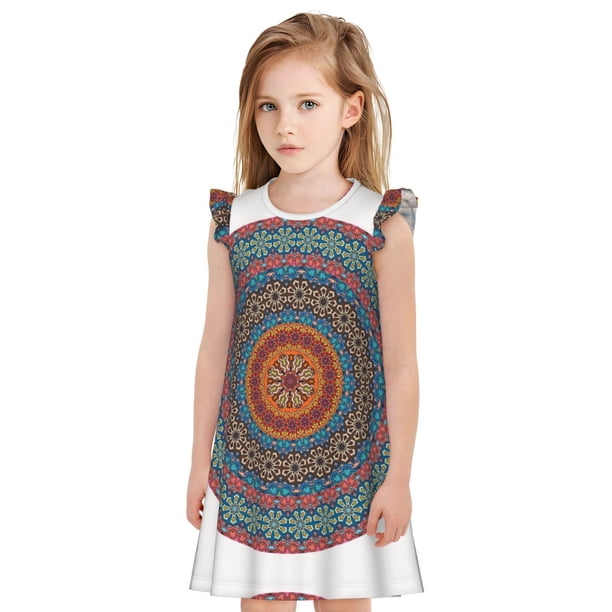 Balery Mandala Camisón de princesa para niñas, pijama de algodón con mangas abullonadas, suave y bonito.-Medium