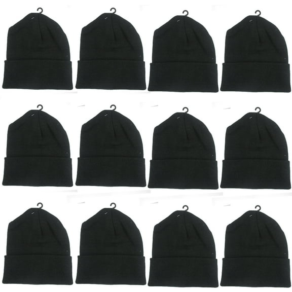 12 Unisex Plain Beanie Knit Ski Cap Skull Hat Warm Solid Winter Cuff Black New !