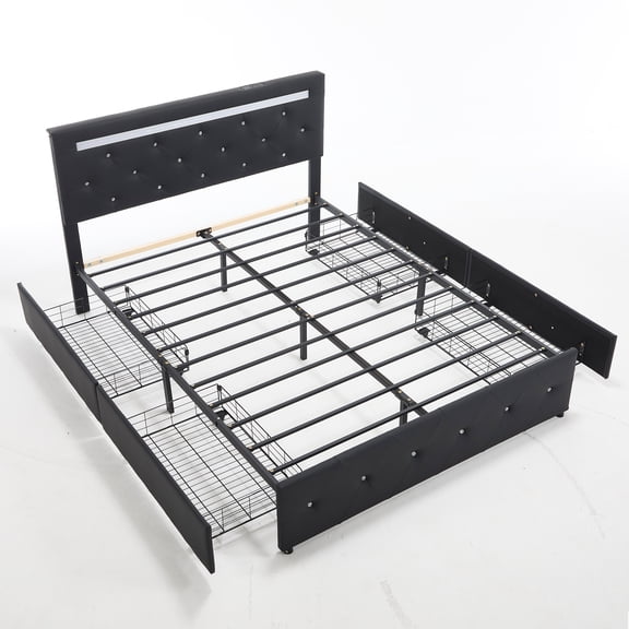 Queen Size Bed Frame With Led Light And 4 Storage Drawers, Pu Upholstered Bed Frame With Adjustable Headboard, Diamond Crystal Button, Charging Station, Metal Frame, No Box Spring Needed, Black