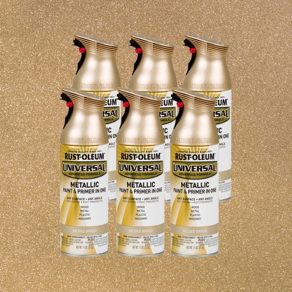 6 Pack, Gilded Brass, Rust-Oleum Universal All Surface Interior/Exterior Metallic Spray Paint-330504, 11 oz