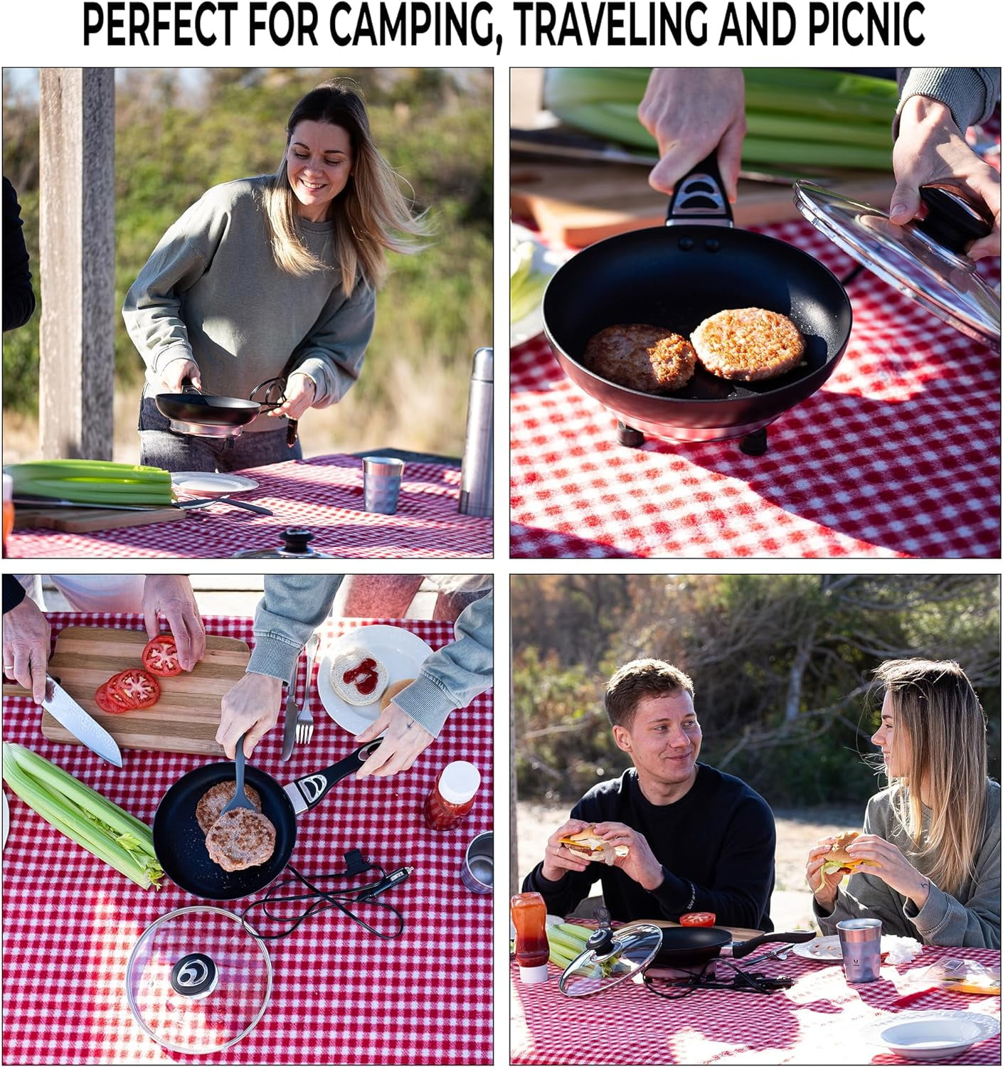 Zone Tech 12V Stainless Steel Frying Pan, 7.5-inch Portable Non-stick Frying Pan with Glass Vented Lid, Stay-cool Handle, Rapid Heat Up, Perfect For Camping, Picnic and more