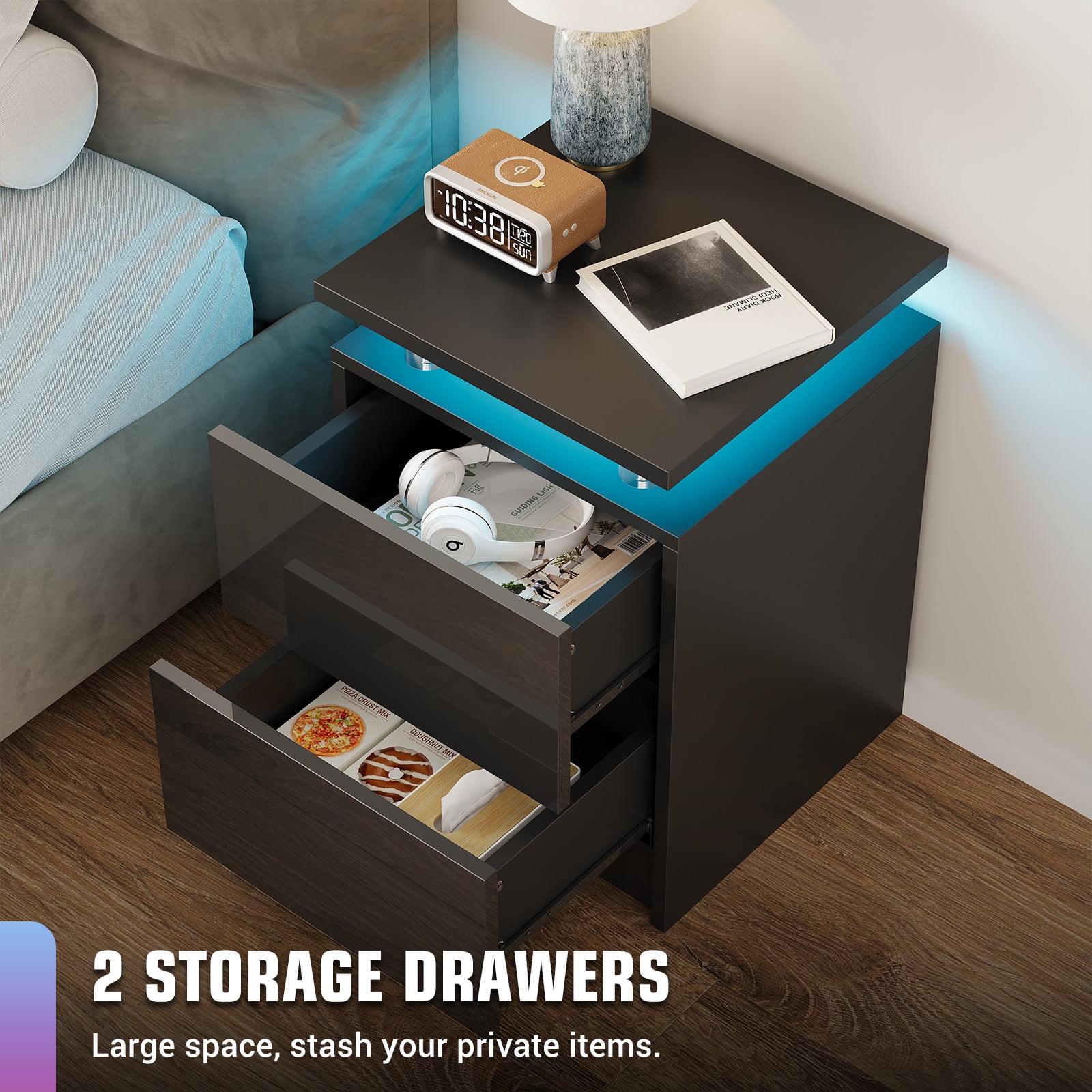 BaPiPro LED Nightstand Set of 2, Modern LED End Table with 2 Drawers, Bedside Table with Lighting for Bedroom, Living Room, Black
