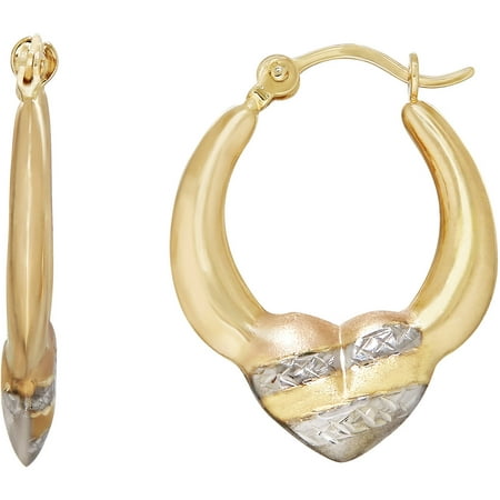 Simply Gold 10kt Yellow Gold, White and Rose Center Heart Hoop Earrings