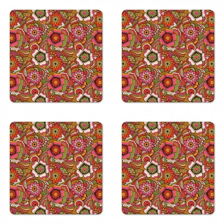 

Ethnic Coaster Set of 4 Mehndi Style Botanical Flourishing Nature Pattern Motley Art Spring Theme Square Hardboard Gloss Coasters Standard Size Multicolor by Ambesonne